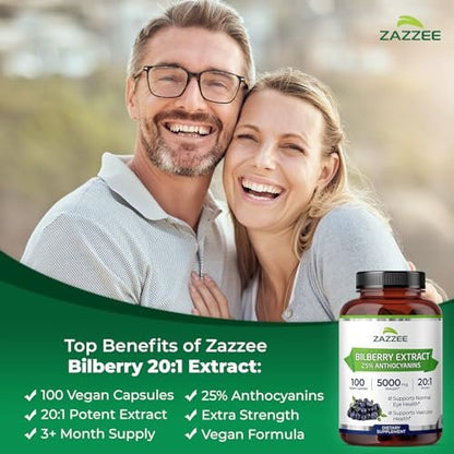 Zazzee Extra Starkes Heidelbeere 20:1 Extrakt, 25% Anthocyane, 100 vegane Kapseln, 3+ Monate Vorrat, Vaccinium Myrtillus, Augengesundheit, Sehkraft & Antioxidantien, Nicht-GVO, Hergestellt in den USA