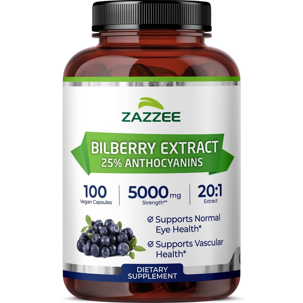 Zazzee Extra Starkes Heidelbeere 20:1 Extrakt, 25% Anthocyane, 100 vegane Kapseln, 3+ Monate Vorrat, Vaccinium Myrtillus, Augengesundheit, Sehkraft & Antioxidantien, Nicht-GVO, Hergestellt in den USA