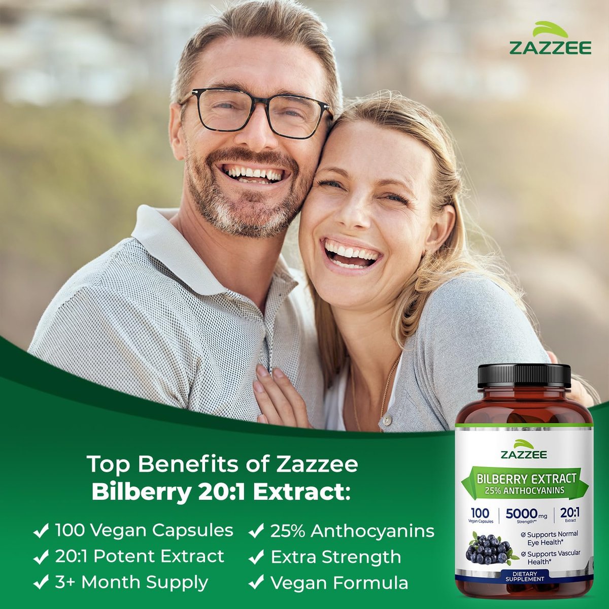 Zazzee Extra Starkes Heidelbeere 20:1 Extrakt, 25% Anthocyane, 100 vegane Kapseln, 3+ Monate Vorrat, Vaccinium Myrtillus, Augengesundheit, Sehkraft & Antioxidantien, Nicht-GVO, Hergestellt in den USA