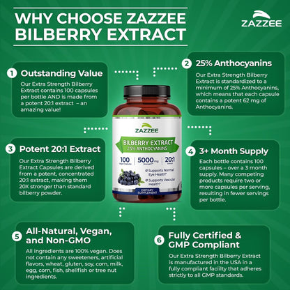 Zazzee Extra Starkes Heidelbeere 20:1 Extrakt, 25% Anthocyane, 100 vegane Kapseln, 3+ Monate Vorrat, Vaccinium Myrtillus, Augengesundheit, Sehkraft & Antioxidantien, Nicht-GVO, Hergestellt in den USA