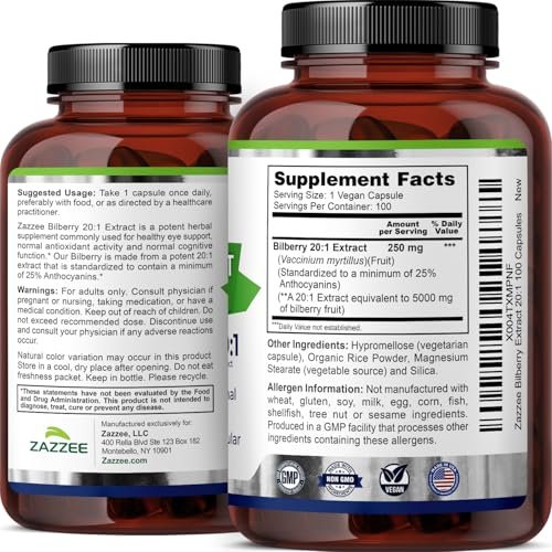 Zazzee Extra Starkes Heidelbeere 20:1 Extrakt, 25% Anthocyane, 100 vegane Kapseln, 3+ Monate Vorrat, Vaccinium Myrtillus, Augengesundheit, Sehkraft & Antioxidantien, Nicht-GVO, Hergestellt in den USA