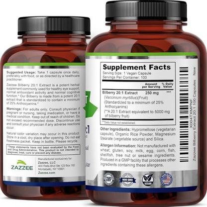 Zazzee Extra Starkes Heidelbeere 20:1 Extrakt, 25% Anthocyane, 100 vegane Kapseln, 3+ Monate Vorrat, Vaccinium Myrtillus, Augengesundheit, Sehkraft & Antioxidantien, Nicht-GVO, Hergestellt in den USA