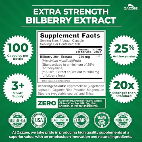 Zazzee Extra Starkes Heidelbeere 20:1 Extrakt, 25% Anthocyane, 100 vegane Kapseln, 3+ Monate Vorrat, Vaccinium Myrtillus, Augengesundheit, Sehkraft & Antioxidantien, Nicht-GVO, Hergestellt in den USA