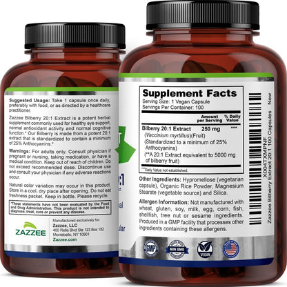 Zazzee Extra Starkes Heidelbeere 20:1 Extrakt, 25% Anthocyane, 100 vegane Kapseln, 3+ Monate Vorrat, Vaccinium Myrtillus, Augengesundheit, Sehkraft & Antioxidantien, Nicht-GVO, Hergestellt in den USA