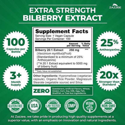 Zazzee Extra Starkes Heidelbeere 20:1 Extrakt, 25% Anthocyane, 100 vegane Kapseln, 3+ Monate Vorrat, Vaccinium Myrtillus, Augengesundheit, Sehkraft & Antioxidantien, Nicht-GVO, Hergestellt in den USA