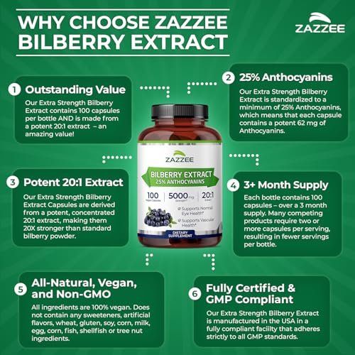 Zazzee Extra Starkes Heidelbeere 20:1 Extrakt, 25% Anthocyane, 100 vegane Kapseln, 3+ Monate Vorrat, Vaccinium Myrtillus, Augengesundheit, Sehkraft & Antioxidantien, Nicht-GVO, Hergestellt in den USA