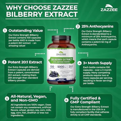 Zazzee Extra Starkes Heidelbeere 20:1 Extrakt, 25% Anthocyane, 100 vegane Kapseln, 3+ Monate Vorrat, Vaccinium Myrtillus, Augengesundheit, Sehkraft & Antioxidantien, Nicht-GVO, Hergestellt in den USA
