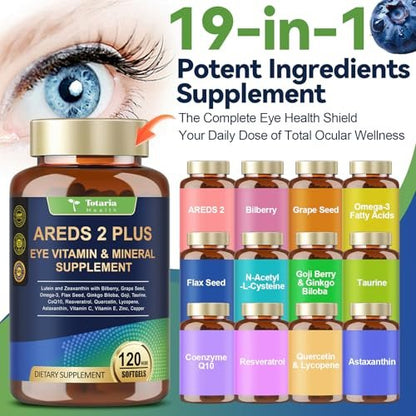 19-in-1 AREDS 2 + Augen-Vitamine für Makulagesundheit und trockene Augen, Lutein und Zeaxanthin mit Vitamin C/E, Zink, Omega-3, Unterstützung bei Augenbelastung, Druck, Nachtsicht & Hydratation - 120 Weichkapseln
