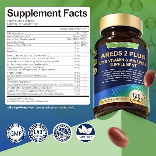 19-in-1 AREDS 2 + Augen-Vitamine für Makulagesundheit und trockene Augen, Lutein und Zeaxanthin mit Vitamin C/E, Zink, Omega-3, Unterstützung bei Augenbelastung, Druck, Nachtsicht & Hydratation - 120 Weichkapseln