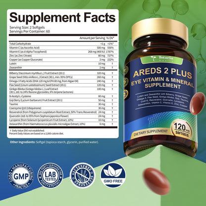 19-in-1 AREDS 2 + Augen-Vitamine für Makulagesundheit und trockene Augen, Lutein und Zeaxanthin mit Vitamin C/E, Zink, Omega-3, Unterstützung bei Augenbelastung, Druck, Nachtsicht & Hydratation - 120 Weichkapseln