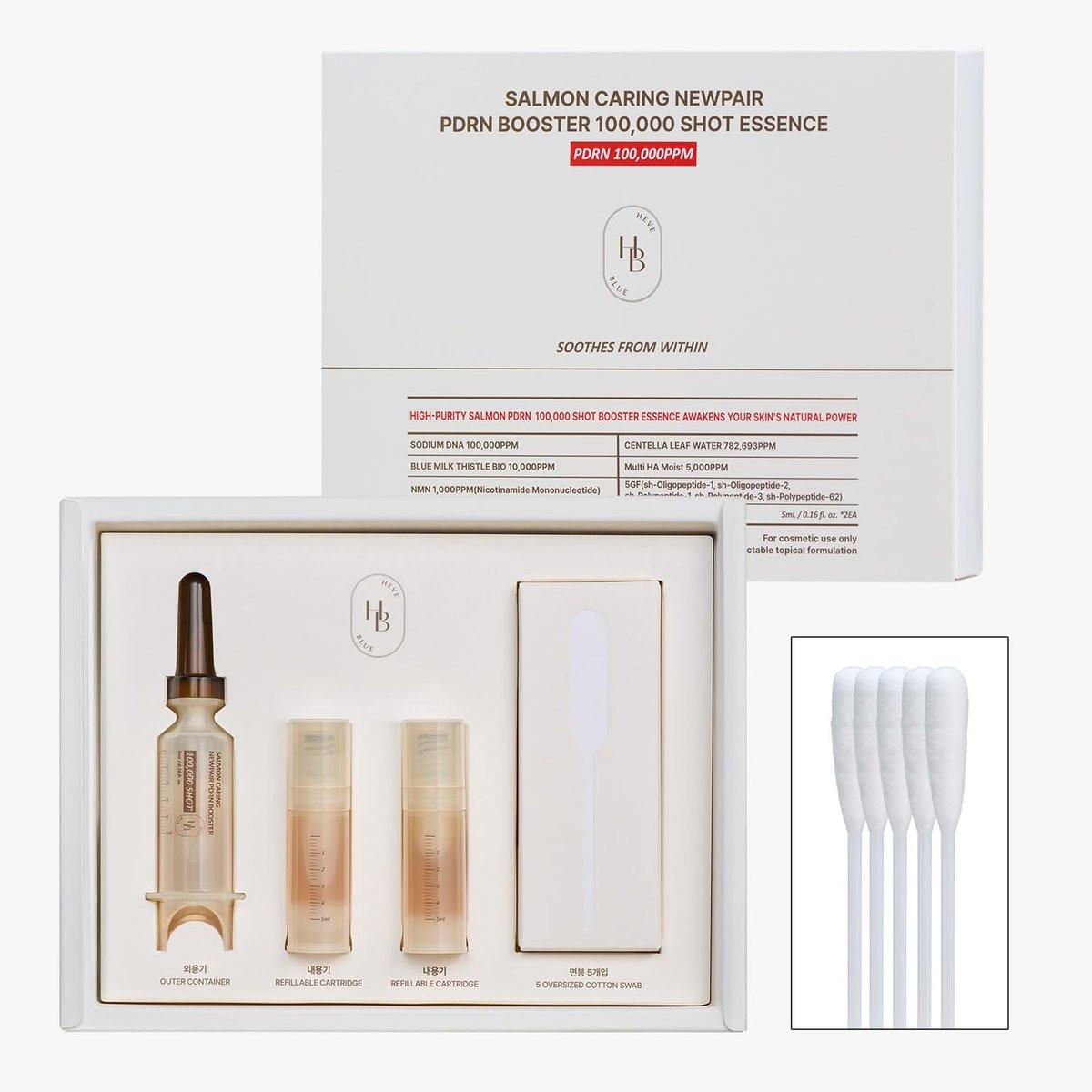 HEVEBLUE Salmon Caring Centella New Pair PDRN Booster 100,000 Shot Essence (2er-Pack) – Salmon PDRN, Regeneration und Verjüngung, verfeinerte Hauttextur, geringe Reizung, Koreanische Hautpflege, K-Beauty