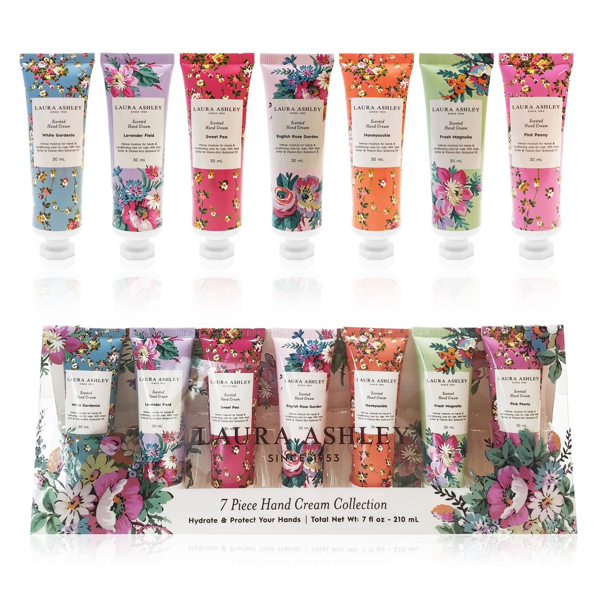 Laura Ashley Handcreme-Set – 7-teilige Handlotion-Kollektion für Damen, feuchtigkeitsspendende Reisegrößen mit Rosen-, Lavendel-, Magnolien- und Blütendüften – je 30 ml