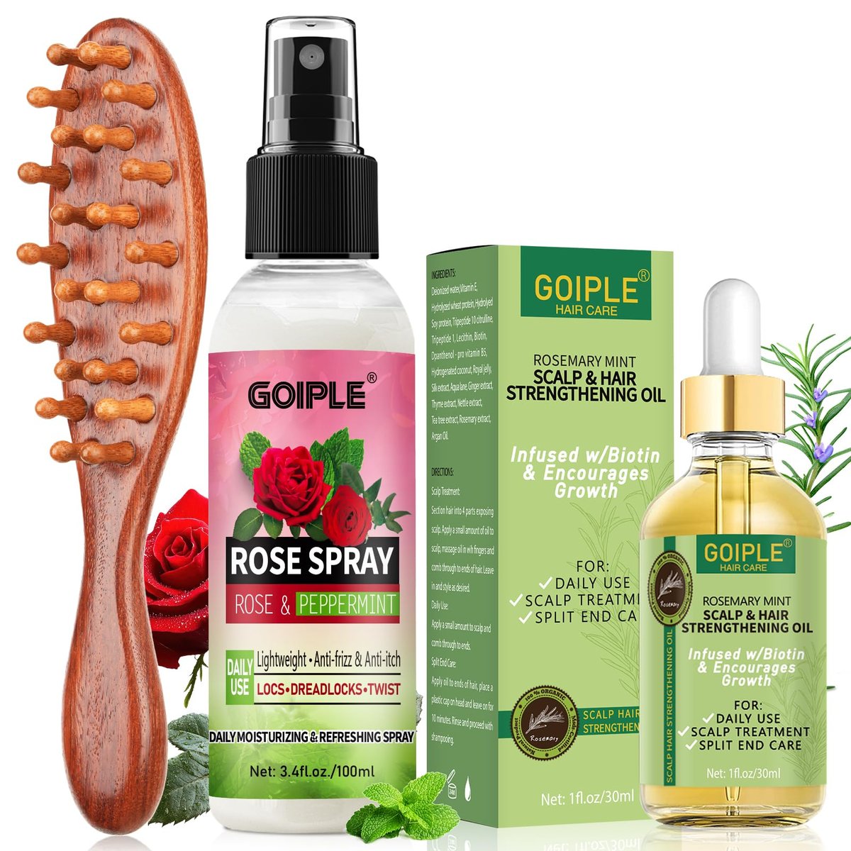 Rose Water für Locs – Erfrischender Loc Spray, Kopfhaut-Feuchtigkeitsspray, Dreadlock-Pflegeset mit Loc Brush, breitzahnigem Kamm und Rosmarinöl für Haarwachstum