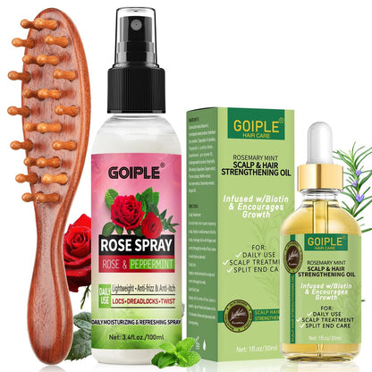 Rose Water für Locs – Erfrischender Loc Spray, Kopfhaut-Feuchtigkeitsspray, Dreadlock-Pflegeset mit Loc Brush, breitzahnigem Kamm und Rosmarinöl für Haarwachstum