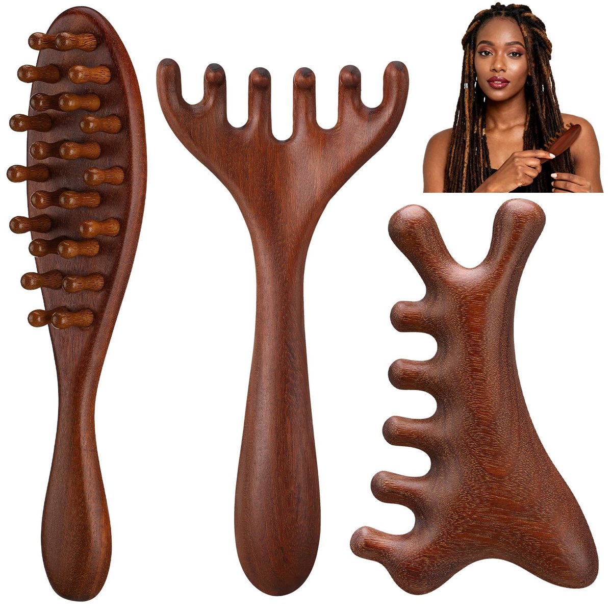 ProSuites 3er-Pack Holz-Skalpmassagegerät mit langem Griff für Dreadlocks - Multifunktionaler Haarmassagegerät für Männer & Frauen