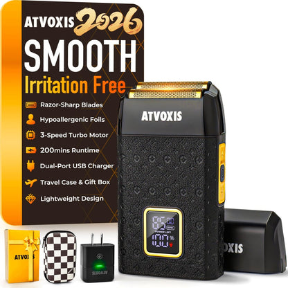 ATVOXIS 8500RPM Elektrorasierer mit Lederummantelung – Kabelloser Folienrasierer mit 3 Geschwindigkeiten, 200 Minuten Laufzeit, USB-C Schnellladung, inkl. Reiseetui