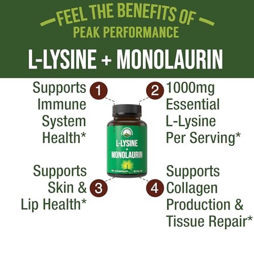 Peak Performance L-Lysin 1000 mg + Monolaurin 500 mg – Hochdosiertes 2-in-1 Präparat für Lippen, Haut und Immunsystem – 60 Kapseln für Männer und Frauen