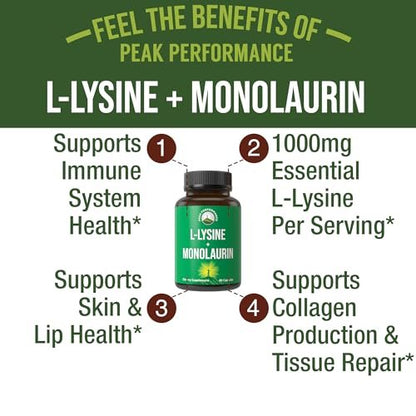 Peak Performance L-Lysin 1000 mg + Monolaurin 500 mg – Hochdosiertes 2-in-1 Präparat für Lippen, Haut und Immunsystem – 60 Kapseln für Männer und Frauen