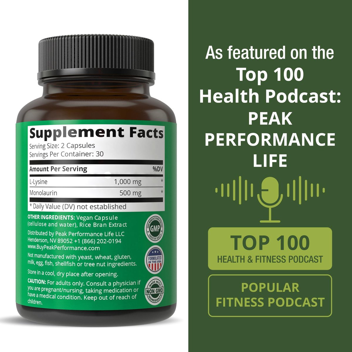 Peak Performance L-Lysin 1000 mg + Monolaurin 500 mg – Hochdosiertes 2-in-1 Präparat für Lippen, Haut und Immunsystem – 60 Kapseln für Männer und Frauen