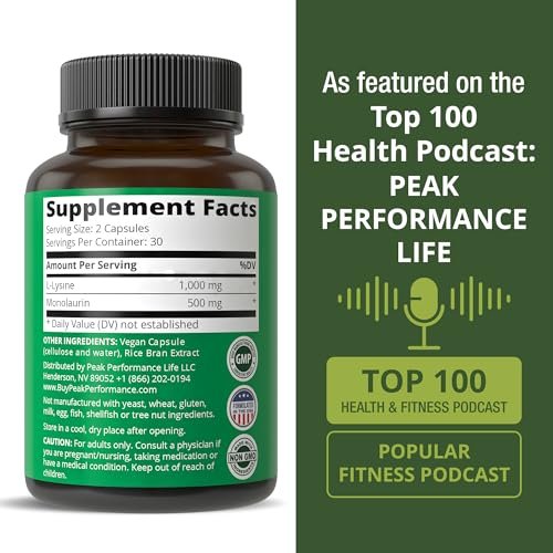 Peak Performance L-Lysin 1000 mg + Monolaurin 500 mg – Hochdosiertes 2-in-1 Präparat für Lippen, Haut und Immunsystem – 60 Kapseln für Männer und Frauen