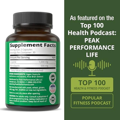 Peak Performance L-Lysin 1000 mg + Monolaurin 500 mg – Hochdosiertes 2-in-1 Präparat für Lippen, Haut und Immunsystem – 60 Kapseln für Männer und Frauen