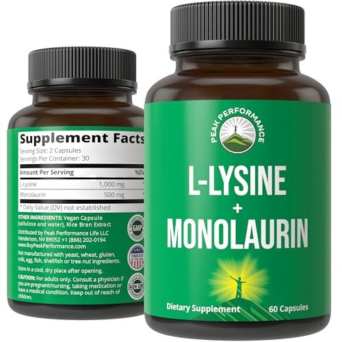 Peak Performance L-Lysin 1000 mg + Monolaurin 500 mg – Hochdosiertes 2-in-1 Präparat für Lippen, Haut und Immunsystem – 60 Kapseln für Männer und Frauen