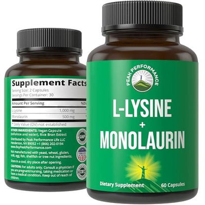 Peak Performance L-Lysin 1000 mg + Monolaurin 500 mg – Hochdosiertes 2-in-1 Präparat für Lippen, Haut und Immunsystem – 60 Kapseln für Männer und Frauen