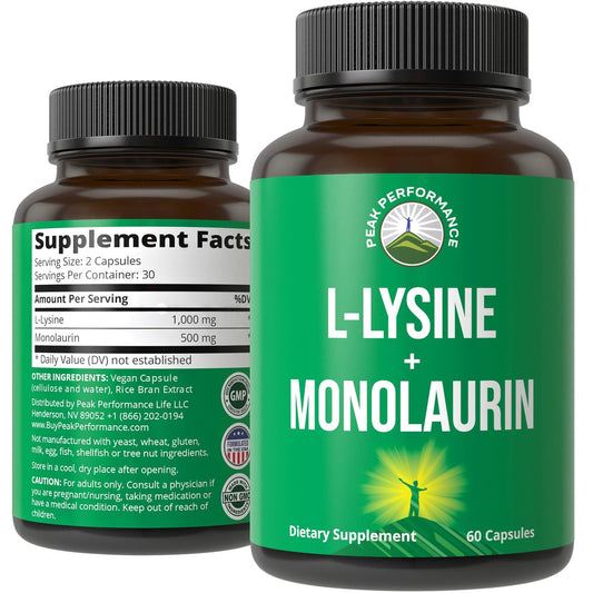Peak Performance L-Lysin 1000 mg + Monolaurin 500 mg – Hochdosiertes 2-in-1 Präparat für Lippen, Haut und Immunsystem – 60 Kapseln für Männer und Frauen