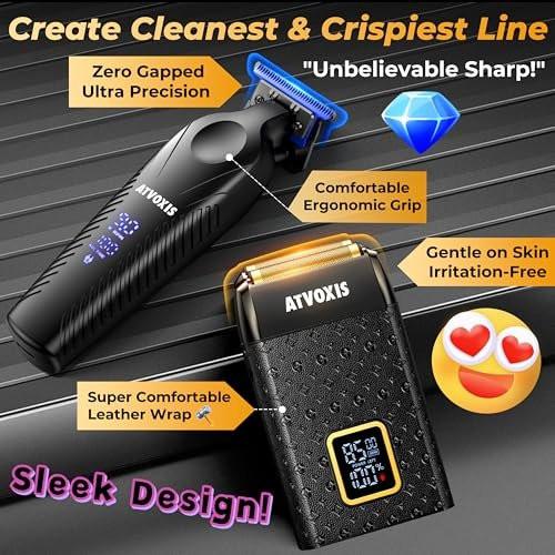 ATVOXIS 9000 RPM Rasierer für Männer – Null-Lücke T-Blatt Haar- und Barttrimmer, 3-Geschwindigkeits-Leder-Folienschaber, Kabellos, USB-C, Reiseetui