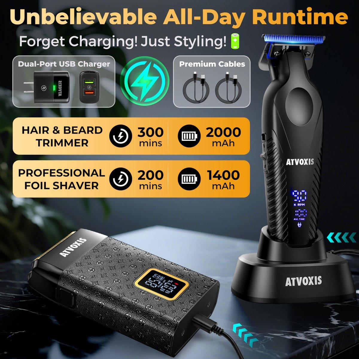 ATVOXIS 9000 RPM Rasierer für Männer – Null-Lücke T-Blatt Haar- und Barttrimmer, 3-Geschwindigkeits-Leder-Folienschaber, Kabellos, USB-C, Reiseetui