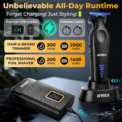 ATVOXIS 9000 RPM Rasierer für Männer – Null-Lücke T-Blatt Haar- und Barttrimmer, 3-Geschwindigkeits-Leder-Folienschaber, Kabellos, USB-C, Reiseetui