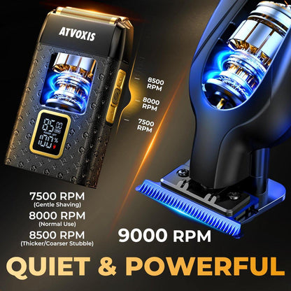 ATVOXIS 9000 RPM Rasierer für Männer – Null-Lücke T-Blatt Haar- und Barttrimmer, 3-Geschwindigkeits-Leder-Folienschaber, Kabellos, USB-C, Reiseetui