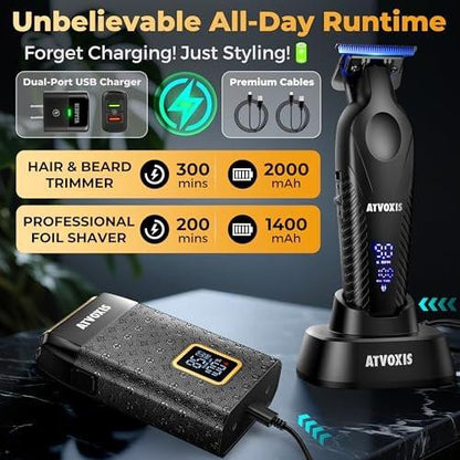 ATVOXIS 9000 RPM Rasierer für Männer – Null-Lücke T-Blatt Haar- und Barttrimmer, 3-Geschwindigkeits-Leder-Folienschaber, Kabellos, USB-C, Reiseetui