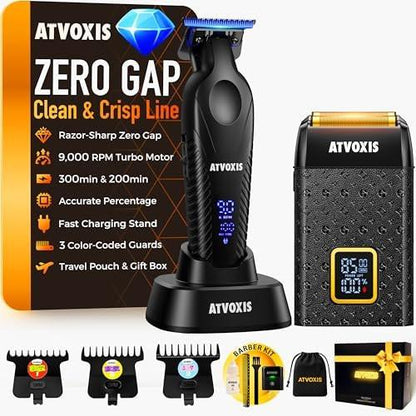 ATVOXIS 9000 RPM Rasierer für Männer – Null-Lücke T-Blatt Haar- und Barttrimmer, 3-Geschwindigkeits-Leder-Folienschaber, Kabellos, USB-C, Reiseetui