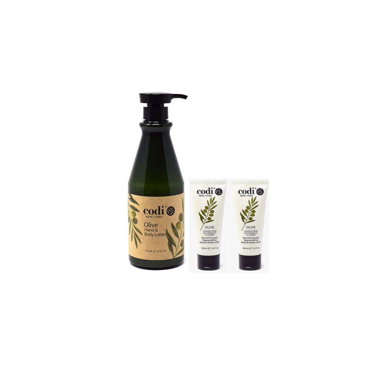 CodiNCodi Hand & Body Lotion – Olive 750 ml Flasche und 2 Tuben – Professionelle Feuchtigkeitspflege mit natürlichen Extrakten – Hydratisierende, nicht fettende Formel für alle Hauttypen