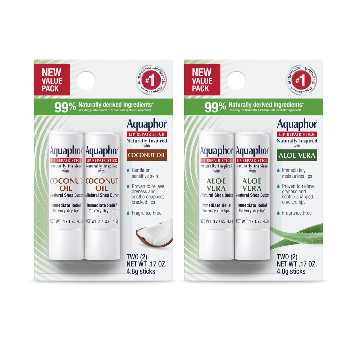 Aquaphor Naturally Inspired Lippenpflegestift 4er-Pack mit Sheabutter, Kokosnussöl und Aloe Vera – 2x 0,17 oz + 2x 0,17 oz