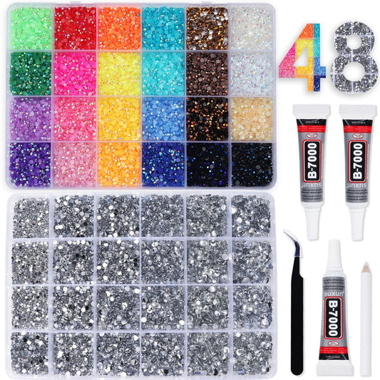 2 Boxen Strasssteine für Bedazzling Kits, Mehrfarbig 3mm & Silber klar 2/3/4/5/6mm Harz Flachrückseite Edelsteine für Diamantkunst, Bedazzler Kit mit 3x 10ml B7000 Schmuckkleber für DIY Basteln Dekoration