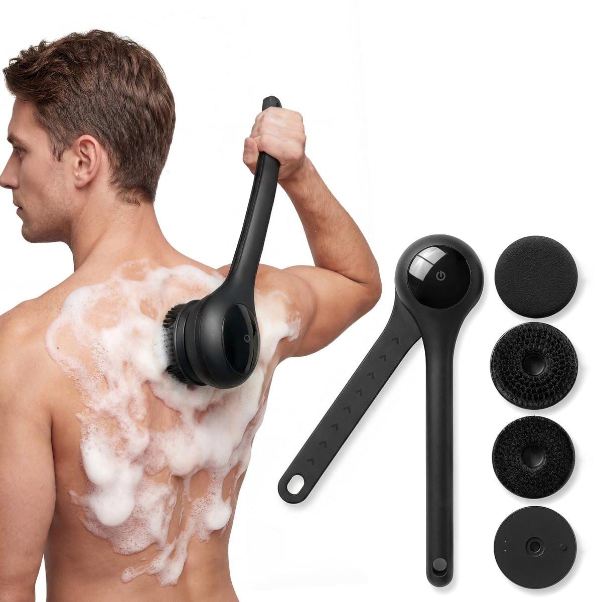 Elektrische Körperbürste Rückenbürste für die Dusche, Wasserdichter langer Doppelgriff Power Body Scrubber mit 3 Aufsätzen, Badebürste & 2 Geschwindigkeiten, für Reinigung, Peeling und Massage der Haut, Schwarz