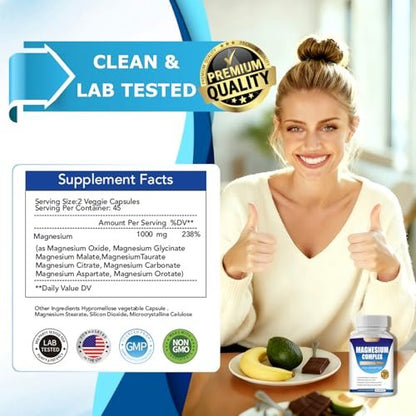 WINYEL Magnesium Komplex 1000mg – 8 Elementare Magnesiumformen mit Glycinat, Malat, Citrat – Vegan, 90 Kapseln für Schlaf, Entspannung, Knochen & Muskeln