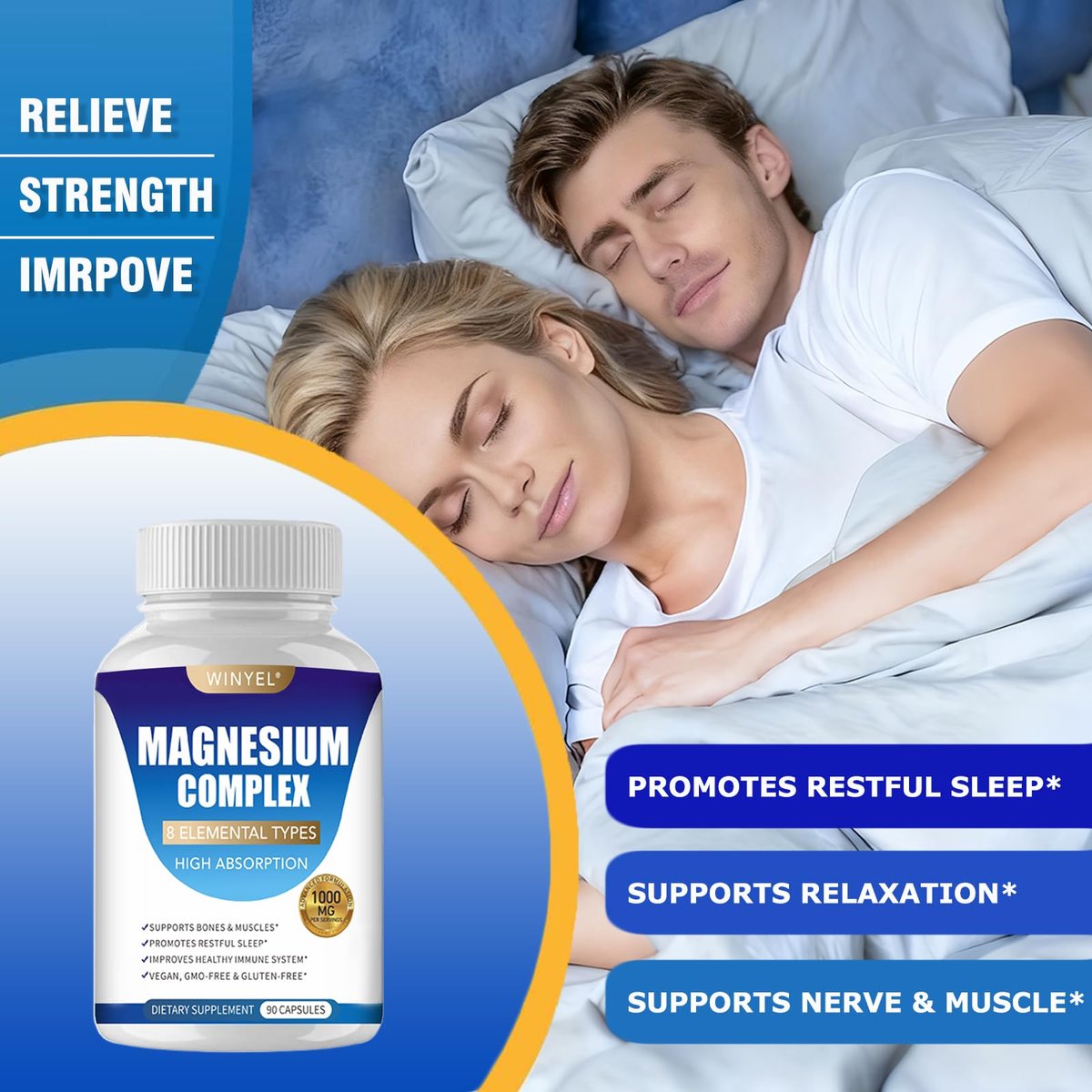 WINYEL Magnesium Komplex 1000mg – 8 Elementare Magnesiumformen mit Glycinat, Malat, Citrat – Vegan, 90 Kapseln für Schlaf, Entspannung, Knochen & Muskeln