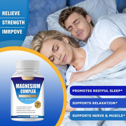 WINYEL Magnesium Komplex 1000mg – 8 Elementare Magnesiumformen mit Glycinat, Malat, Citrat – Vegan, 90 Kapseln für Schlaf, Entspannung, Knochen & Muskeln