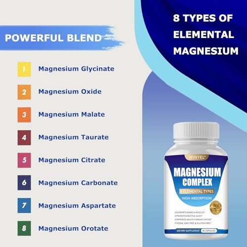 WINYEL Magnesium Komplex 1000mg – 8 Elementare Magnesiumformen mit Glycinat, Malat, Citrat – Vegan, 90 Kapseln für Schlaf, Entspannung, Knochen & Muskeln