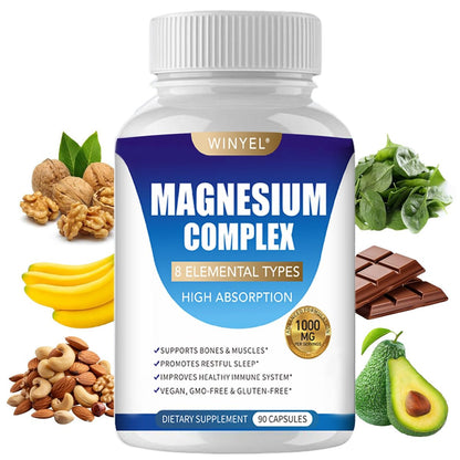 WINYEL Magnesium Komplex 1000mg – 8 Elementare Magnesiumformen mit Glycinat, Malat, Citrat – Vegan, 90 Kapseln für Schlaf, Entspannung, Knochen & Muskeln