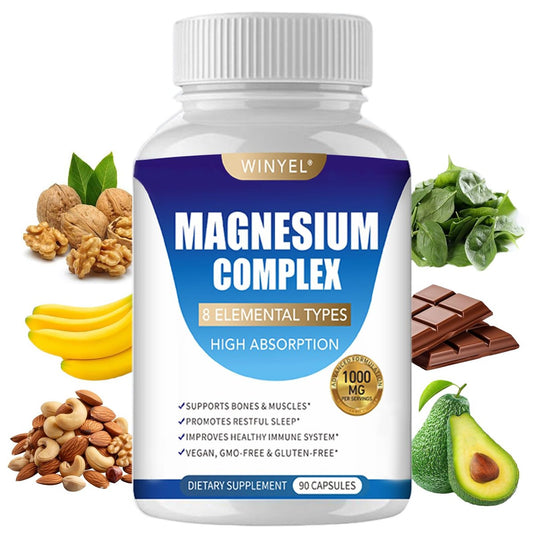 WINYEL Magnesium Komplex 1000mg – 8 Elementare Magnesiumformen mit Glycinat, Malat, Citrat – Vegan, 90 Kapseln für Schlaf, Entspannung, Knochen & Muskeln