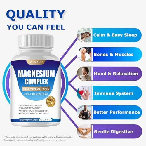 WINYEL Magnesium Komplex 1000mg – 8 Elementare Magnesiumformen mit Glycinat, Malat, Citrat – Vegan, 90 Kapseln für Schlaf, Entspannung, Knochen & Muskeln