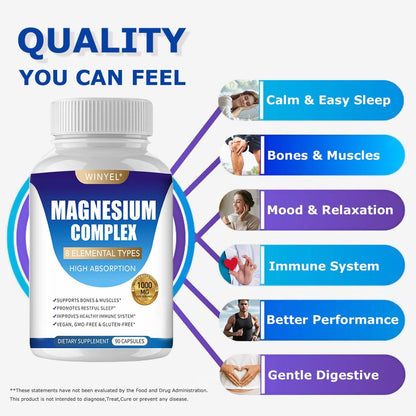 WINYEL Magnesium Komplex 1000mg – 8 Elementare Magnesiumformen mit Glycinat, Malat, Citrat – Vegan, 90 Kapseln für Schlaf, Entspannung, Knochen & Muskeln