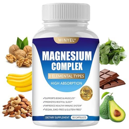 WINYEL Magnesium Komplex 1000mg – 8 Elementare Magnesiumformen mit Glycinat, Malat, Citrat – Vegan, 90 Kapseln für Schlaf, Entspannung, Knochen & Muskeln