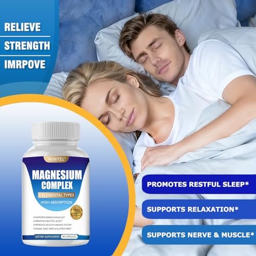WINYEL Magnesium Komplex 1000mg – 8 Elementare Magnesiumformen mit Glycinat, Malat, Citrat – Vegan, 90 Kapseln für Schlaf, Entspannung, Knochen & Muskeln