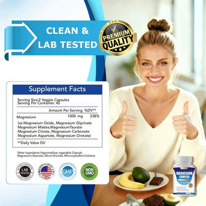 WINYEL Magnesium Komplex 1000mg – 8 Elementare Magnesiumformen mit Glycinat, Malat, Citrat – Vegan, 90 Kapseln für Schlaf, Entspannung, Knochen & Muskeln