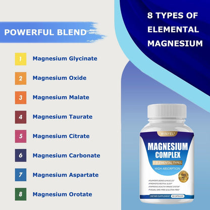 WINYEL Magnesium Komplex 1000mg – 8 Elementare Magnesiumformen mit Glycinat, Malat, Citrat – Vegan, 90 Kapseln für Schlaf, Entspannung, Knochen & Muskeln